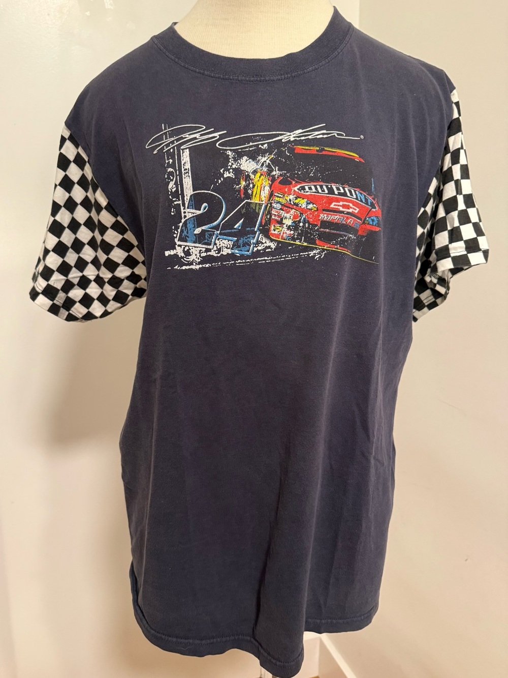Vintage LF’s Furst of a Kind Navy Graphic T-Shirt Dress with Checker Sleeves OS